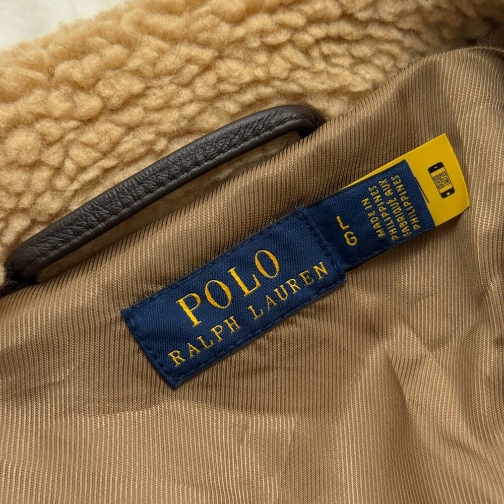 Polo Ralph Lauren Tan Sherpa moto belted Jacket cropped brown leather - Picture 2 of 10